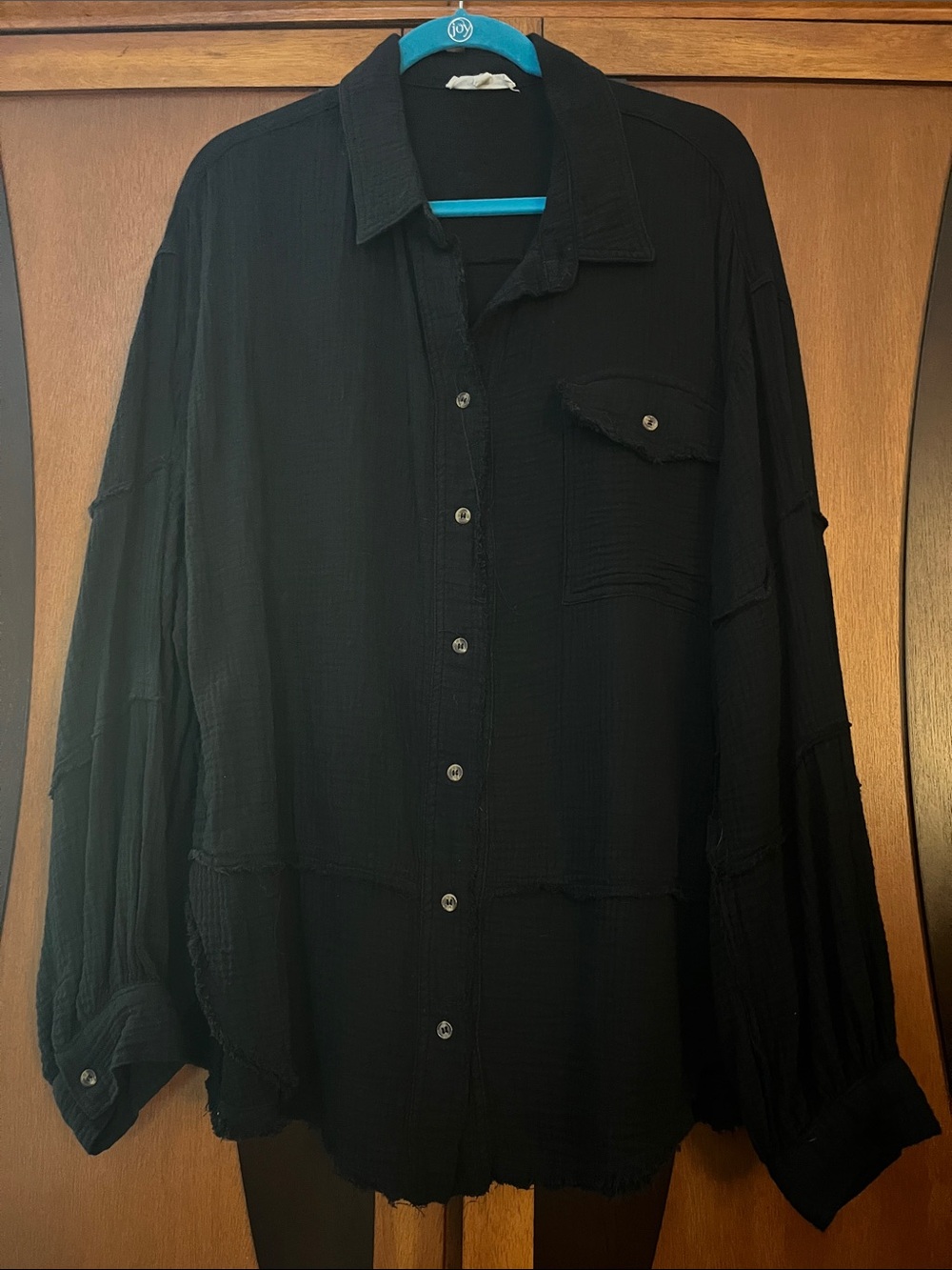 Easel Black 100% Cotton Gauze Casual Button-Up Shirt w/Raw Edges & Cool Seaming
